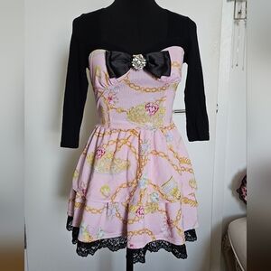 Ma*rs Agejo Gyaru High Waist Tiara Print 3/4 Sleeve Bow Top & Lace Skirt Set